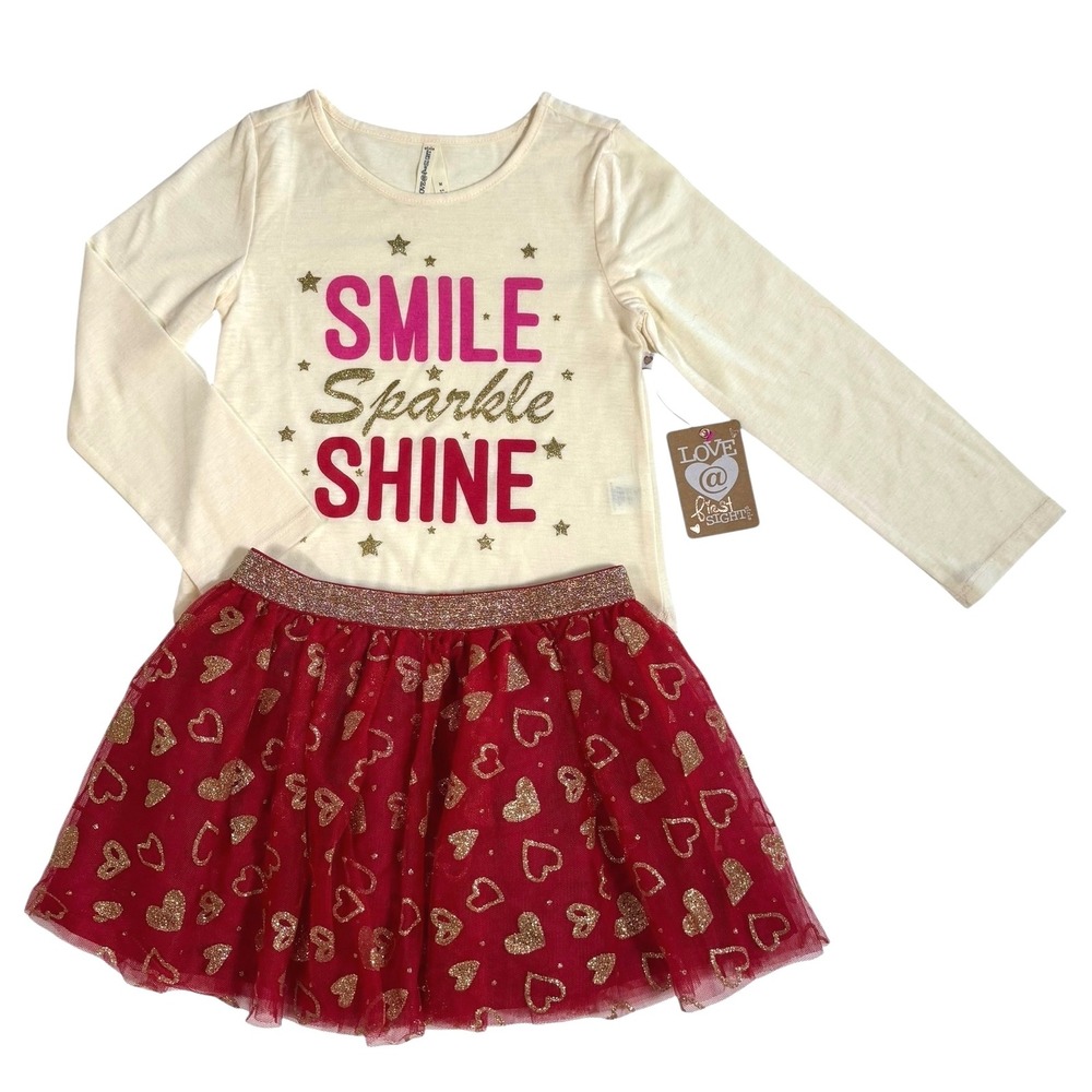 Love @ First Sight Girls Sz 5/6 Outfit‎ Set Sparkle Tshirt Red Gold Hearts Skirt